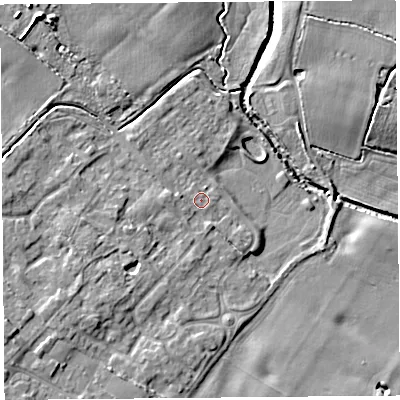 Shaded relief map of the ground around L266BS, computed from Environment Agency LiDAR. The ground here sits at about 9 m above sea level and falls 8 m across the surrounding 800 m. Surface water reaching this point runs off ground lying to the west, 1.4 m higher.