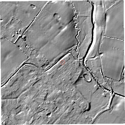 Shaded relief map of the ground around L266BT, computed from Environment Agency LiDAR. The ground here sits at about 9 m above sea level and falls 8 m across the surrounding 800 m. Surface water reaching this point runs off ground lying to the west-north-west, 4.8 m higher.