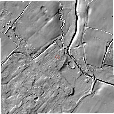 Shaded relief map of the ground around L266BU, computed from Environment Agency LiDAR. The ground here sits at about 9 m above sea level and falls 8 m across the surrounding 800 m. Surface water reaching this point runs off ground lying to the south-west, 0.9 m higher.