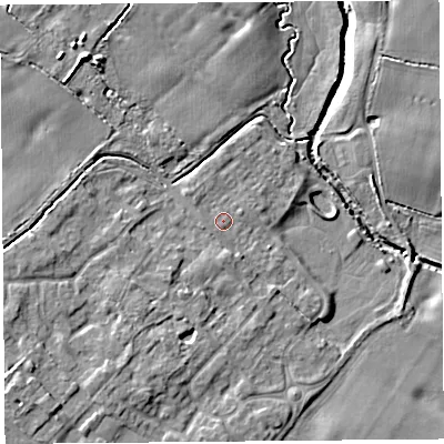 Shaded relief map of the ground around L266BW, computed from Environment Agency LiDAR. The ground here sits at about 9 m above sea level and falls 8 m across the surrounding 800 m. Surface water reaching this point runs off ground lying to the north-west, 0.8 m higher.