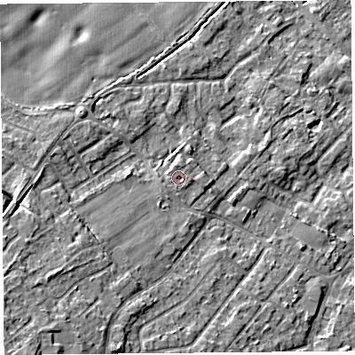 Shaded relief map of the ground around L266LA, computed from Environment Agency LiDAR. The ground here sits at about 13 m above sea level and falls 12 m across the surrounding 800 m. Surface water reaching this point runs off ground lying to the west-north-west, 0.5 m higher.