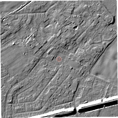 Shaded relief map of the ground around L266LB, computed from Environment Agency LiDAR. The ground here sits at about 11 m above sea level and falls 16 m across the surrounding 800 m. Surface water reaching this point runs off ground lying to the west-north-west, 1.2 m higher.