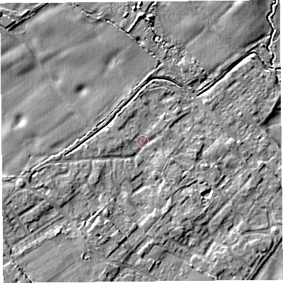 Shaded relief map of the ground around L266LN, computed from Environment Agency LiDAR. The ground here sits at about 10 m above sea level and falls 10 m across the surrounding 800 m. Surface water reaching this point runs off ground lying to the west-south-west, 3.9 m higher.