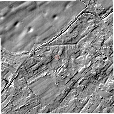 Shaded relief map of the ground around L266LP, computed from Environment Agency LiDAR. The ground here sits at about 12 m above sea level and falls 12 m across the surrounding 800 m. Surface water reaching this point runs off ground lying to the south-west, 8.1 m higher.