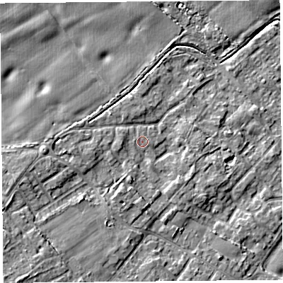 Shaded relief map of the ground around L266LR, computed from Environment Agency LiDAR. The ground here sits at about 11 m above sea level and falls 10 m across the surrounding 800 m. Surface water reaching this point runs off ground lying to the south-west, 7.3 m higher.