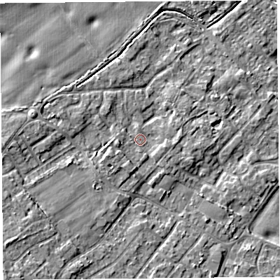 Shaded relief map of the ground around L266LT, computed from Environment Agency LiDAR. The ground here sits at about 11 m above sea level and falls 11 m across the surrounding 800 m. Surface water reaching this point runs off ground lying to the west-south-west, 2.3 m higher.
