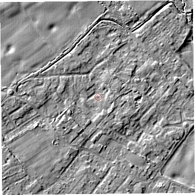 Shaded relief map of the ground around L266LU, computed from Environment Agency LiDAR. The ground here sits at about 11 m above sea level and falls 11 m across the surrounding 800 m. Surface water reaching this point runs off ground lying to the west-south-west, 6.2 m higher.