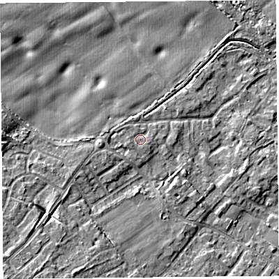 Shaded relief map of the ground around L266LW, computed from Environment Agency LiDAR. The ground here sits at about 13 m above sea level and falls 12 m across the surrounding 800 m. Surface water reaching this point runs off ground lying to the south-south-east, 0.9 m higher.