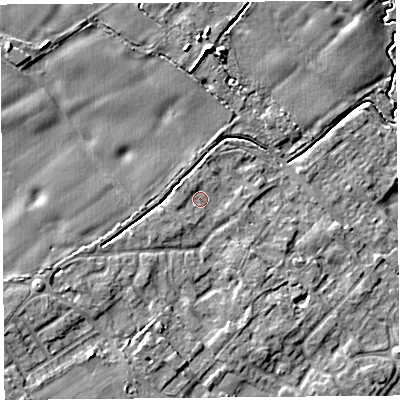 Shaded relief map of the ground around L266LX, computed from Environment Agency LiDAR. The ground here sits at about 10 m above sea level and falls 9 m across the surrounding 800 m. Surface water reaching this point runs off ground lying to the south-south-west, 1.4 m higher.