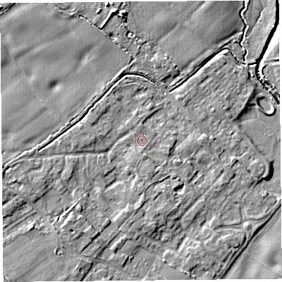 Shaded relief map of the ground around L266LY, computed from Environment Agency LiDAR. The ground here sits at about 10 m above sea level and falls 10 m across the surrounding 800 m. Surface water reaching this point runs off ground lying to the south-west, 6.2 m higher.