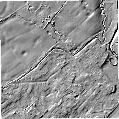 Shaded relief map of the ground around L266NA, computed from Environment Agency LiDAR. The ground here sits at about 9 m above sea level and falls 9 m across the surrounding 800 m. Surface water reaching this point runs off ground lying to the west-south-west, 5.0 m higher.
