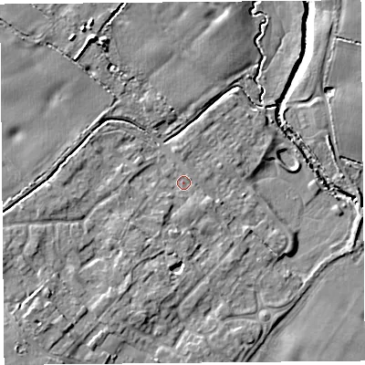 Shaded relief map of the ground around L266NB, computed from Environment Agency LiDAR. The ground here sits at about 9 m above sea level and falls 8 m across the surrounding 800 m. Surface water reaching this point runs off ground lying to the south-south-west, 2.8 m higher.
