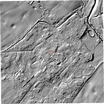 Shaded relief map of the ground around L266ND, computed from Environment Agency LiDAR. The ground here sits at about 10 m above sea level and falls 10 m across the surrounding 800 m. Surface water reaching this point runs off ground lying to the south-south-west, 1.5 m higher.