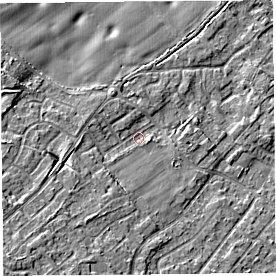 Shaded relief map of the ground around L267YG, computed from Environment Agency LiDAR. The ground here sits at about 13 m above sea level and falls 14 m across the surrounding 800 m. Surface water reaching this point runs off ground lying to the south-west, 9.2 m higher.