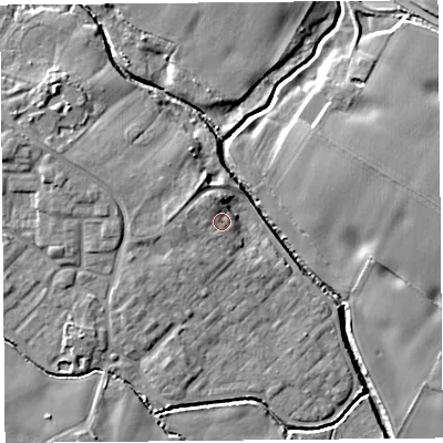 Shaded relief map of the ground around L275RB, computed from Environment Agency LiDAR. The ground here sits at about 12 m above sea level and falls 9 m across the surrounding 800 m. Surface water reaching this point runs off ground lying to the west-north-west, 4.7 m higher.