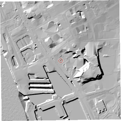 Shaded relief map of the ground around L27SR, computed from Environment Agency LiDAR. The ground here sits at about 7 m above sea level and falls 21 m across the surrounding 800 m. Surface water reaching this point runs off ground lying to the north-east, 7.0 m higher.