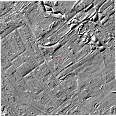 Shaded relief map of the ground around L280QE, computed from Environment Agency LiDAR. The ground here sits at about 22 m above sea level and falls 7 m across the surrounding 800 m. Surface water reaching this point runs off ground lying to the west-north-west, 0.7 m higher.