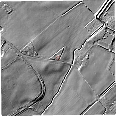 Shaded relief map of the ground around L293EA, computed from Environment Agency LiDAR. The ground here sits at about 8 m above sea level and falls 10 m across the surrounding 800 m. Surface water reaching this point runs off ground lying to the south-west, 2.0 m higher.