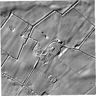 Shaded relief map of the ground around L293EB, computed from Environment Agency LiDAR. The ground here sits at about 5 m above sea level and falls 12 m across the surrounding 800 m. Surface water reaching this point runs off ground lying to the south-south-west, 2.2 m higher.