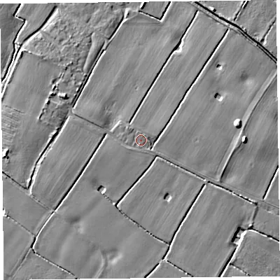 Shaded relief map of the ground around L297WA, computed from Environment Agency LiDAR. The ground here sits at about 10 m above sea level and falls 9 m across the surrounding 800 m. Surface water reaching this point runs off ground lying to the north-west, 0.5 m higher.