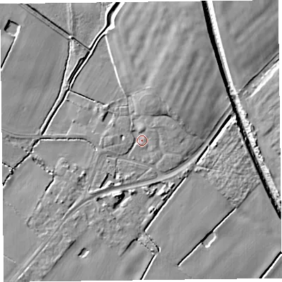 Shaded relief map of the ground around L297WG, computed from Environment Agency LiDAR. The ground here sits at about 7 m above sea level and falls 9 m across the surrounding 800 m. Surface water reaching this point runs off ground lying to the south-west, 3.1 m higher.