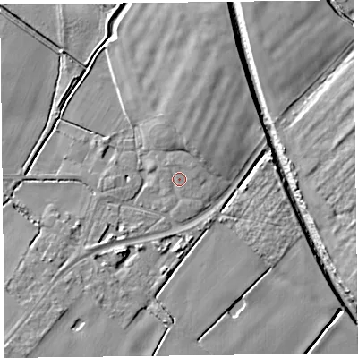 Shaded relief map of the ground around L297WH, computed from Environment Agency LiDAR. The ground here sits at about 8 m above sea level and falls 9 m across the surrounding 800 m. Surface water reaching this point runs off ground lying to the east-north-east, 1.2 m higher.
