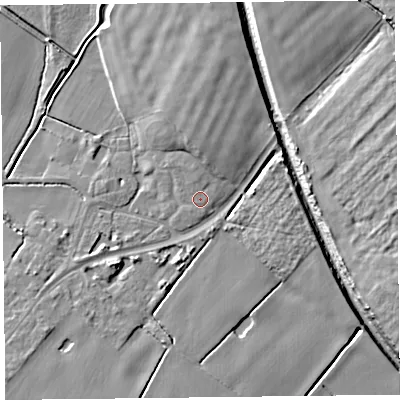 Shaded relief map of the ground around L297WJ, computed from Environment Agency LiDAR. The ground here sits at about 8 m above sea level and falls 8 m across the surrounding 800 m. Surface water reaching this point runs off ground lying to the north, 0.8 m higher.