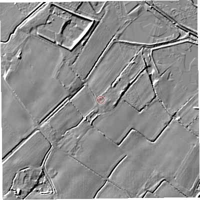 Shaded relief map of the ground around L298YB, computed from Environment Agency LiDAR. The ground here sits at about 7 m above sea level and falls 13 m across the surrounding 800 m. Surface water reaching this point runs off ground lying to the south-south-west, 2.5 m higher.