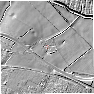 Shaded relief map of the ground around L307RY, computed from Environment Agency LiDAR. The ground here sits at about 8 m above sea level and falls 12 m across the surrounding 800 m. Surface water reaching this point runs off ground lying to the south-west, 4.3 m higher.