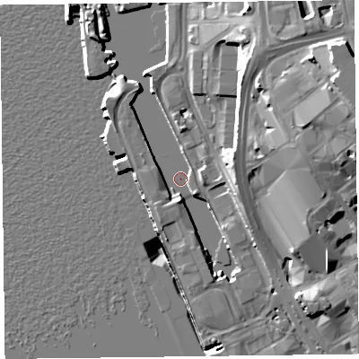 Shaded relief map of the ground around L30AA, computed from Environment Agency LiDAR. The ground here sits at about 5 m above sea level and falls 26 m across the surrounding 800 m. Surface water reaching this point runs off ground lying to the east-south-east, 6.5 m higher.