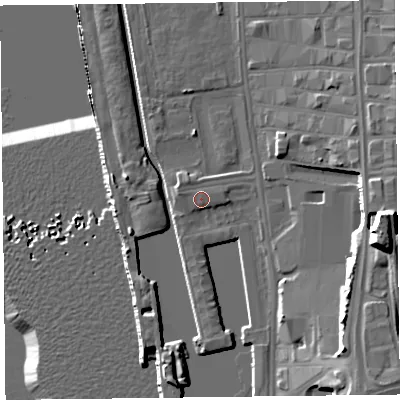 Shaded relief map of the ground around L30AD, computed from Environment Agency LiDAR. The ground here sits at about 8 m above sea level and falls 27 m across the surrounding 800 m. Surface water reaching this point runs off ground lying to the west-north-west, 0.9 m higher.