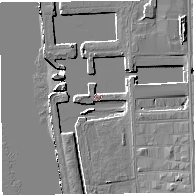 Shaded relief map of the ground around L30AH, computed from Environment Agency LiDAR. The ground here sits at about 7 m above sea level and falls 17 m across the surrounding 800 m. Surface water reaching this point runs off ground lying to the north-east, 5.5 m higher.