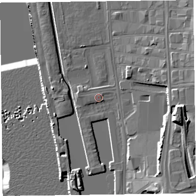Shaded relief map of the ground around L30AQ, computed from Environment Agency LiDAR. The ground here sits at about 8 m above sea level and falls 27 m across the surrounding 800 m. Surface water reaching this point runs off ground lying to the west, 1.6 m higher.