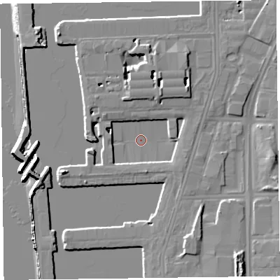 Shaded relief map of the ground around L30AR, computed from Environment Agency LiDAR. The ground here sits at about 5 m above sea level and falls 16 m across the surrounding 800 m. Surface water reaching this point runs off ground lying to the south-south-east, 3.1 m higher.