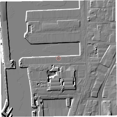 Shaded relief map of the ground around L30AT, computed from Environment Agency LiDAR. The ground here sits at about 7 m above sea level and falls 15 m across the surrounding 800 m. Surface water reaching this point runs off ground lying to the south-south-east, 4.0 m higher.