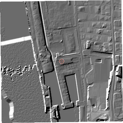 Shaded relief map of the ground around L30AZ, computed from Environment Agency LiDAR. The ground here sits at about 8 m above sea level and falls 27 m across the surrounding 800 m. Surface water reaching this point runs off ground lying to the west-north-west, 0.8 m higher.