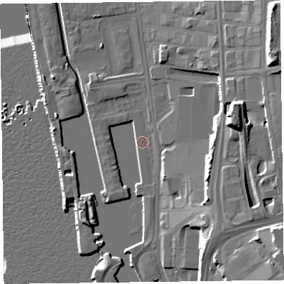 Shaded relief map of the ground around L30BQ, computed from Environment Agency LiDAR. The ground here sits at about 7 m above sea level and falls 27 m across the surrounding 800 m. Surface water reaching this point runs off ground lying to the east-north-east, 17.6 m higher.