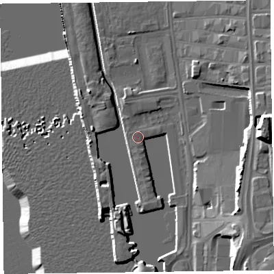 Shaded relief map of the ground around L30BS, computed from Environment Agency LiDAR. The ground here sits at about 7 m above sea level and falls 27 m across the surrounding 800 m. Surface water reaching this point runs off ground lying to the south, 2.5 m higher.
