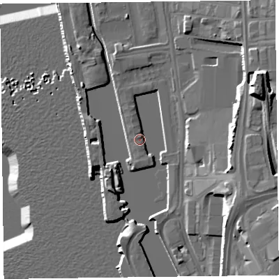 Shaded relief map of the ground around L30BT, computed from Environment Agency LiDAR. The ground here sits at about 7 m above sea level and falls 27 m across the surrounding 800 m. Surface water reaching this point runs off ground lying to the south, 2.4 m higher.