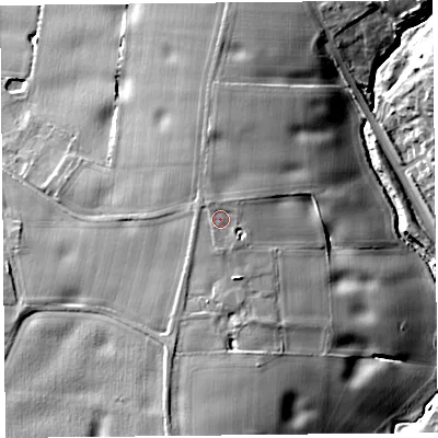Shaded relief map of the ground around L311AP, computed from Environment Agency LiDAR. The ground here sits at about 34 m above sea level and falls 14 m across the surrounding 800 m. Surface water reaching this point runs off ground lying to the north-east, 1.8 m higher.