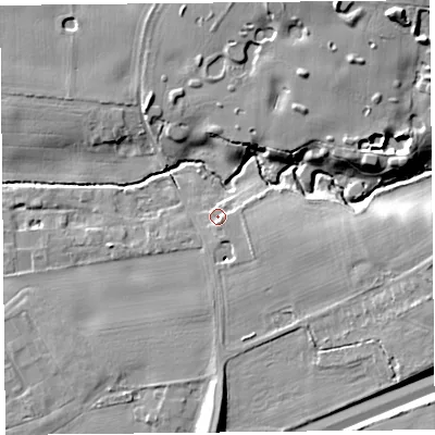 Shaded relief map of the ground around L311AT, computed from Environment Agency LiDAR. The ground here sits at about 29 m above sea level and falls 15 m across the surrounding 800 m. Surface water reaching this point runs off ground lying to the south-east, 1.3 m higher.