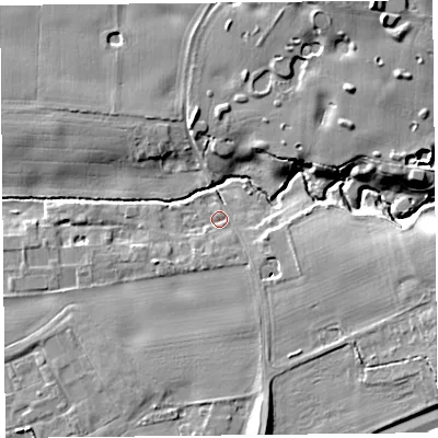 Shaded relief map of the ground around L311AW, computed from Environment Agency LiDAR. The ground here sits at about 27 m above sea level and falls 16 m across the surrounding 800 m. Surface water reaching this point runs off ground lying to the east-south-east, 3.9 m higher.