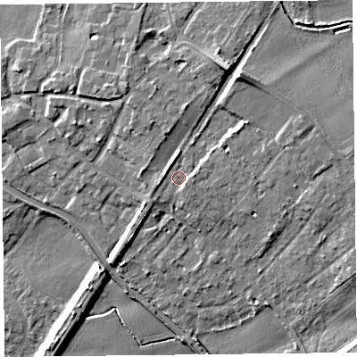 Shaded relief map of the ground around L313AD, computed from Environment Agency LiDAR. The ground here sits at about 20 m above sea level and falls 14 m across the surrounding 800 m. Surface water reaching this point runs off ground lying to the north-north-east, 6.0 m higher.