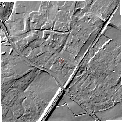 Shaded relief map of the ground around L313DB, computed from Environment Agency LiDAR. The ground here sits at about 19 m above sea level and falls 15 m across the surrounding 800 m. Surface water reaching this point runs off ground lying to the east, 0.7 m higher.