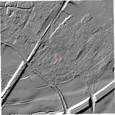 Shaded relief map of the ground around L313DG, computed from Environment Agency LiDAR. The ground here sits at about 19 m above sea level and falls 15 m across the surrounding 800 m. Surface water reaching this point runs off ground lying to the north-north-east, 3.0 m higher.