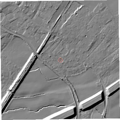 Shaded relief map of the ground around L313DL, computed from Environment Agency LiDAR. The ground here sits at about 17 m above sea level and falls 15 m across the surrounding 800 m. Surface water reaching this point runs off ground lying to the north, 5.3 m higher.