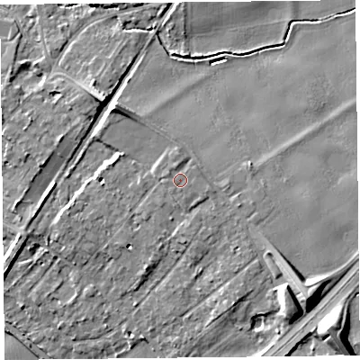 Shaded relief map of the ground around L313DT, computed from Environment Agency LiDAR. The ground here sits at about 23 m above sea level and falls 14 m across the surrounding 800 m. Surface water reaching this point runs off ground lying to the north-north-west, 0.7 m higher.