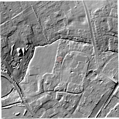 Shaded relief map of the ground around L313EG, computed from Environment Agency LiDAR. The ground here sits at about 19 m above sea level and falls 15 m across the surrounding 800 m. Surface water reaching this point runs off ground lying to the east-south-east, 6.9 m higher.
