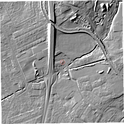Shaded relief map of the ground around L313EJ, computed from Environment Agency LiDAR. The ground here sits at about 12 m above sea level and falls 18 m across the surrounding 800 m. Surface water reaching this point runs off ground lying to the north-west, 4.8 m higher.