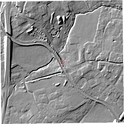 Shaded relief map of the ground around L313EL, computed from Environment Agency LiDAR. The ground here sits at about 16 m above sea level and falls 15 m across the surrounding 800 m. Surface water reaching this point runs off ground lying to the north, 11.6 m higher.